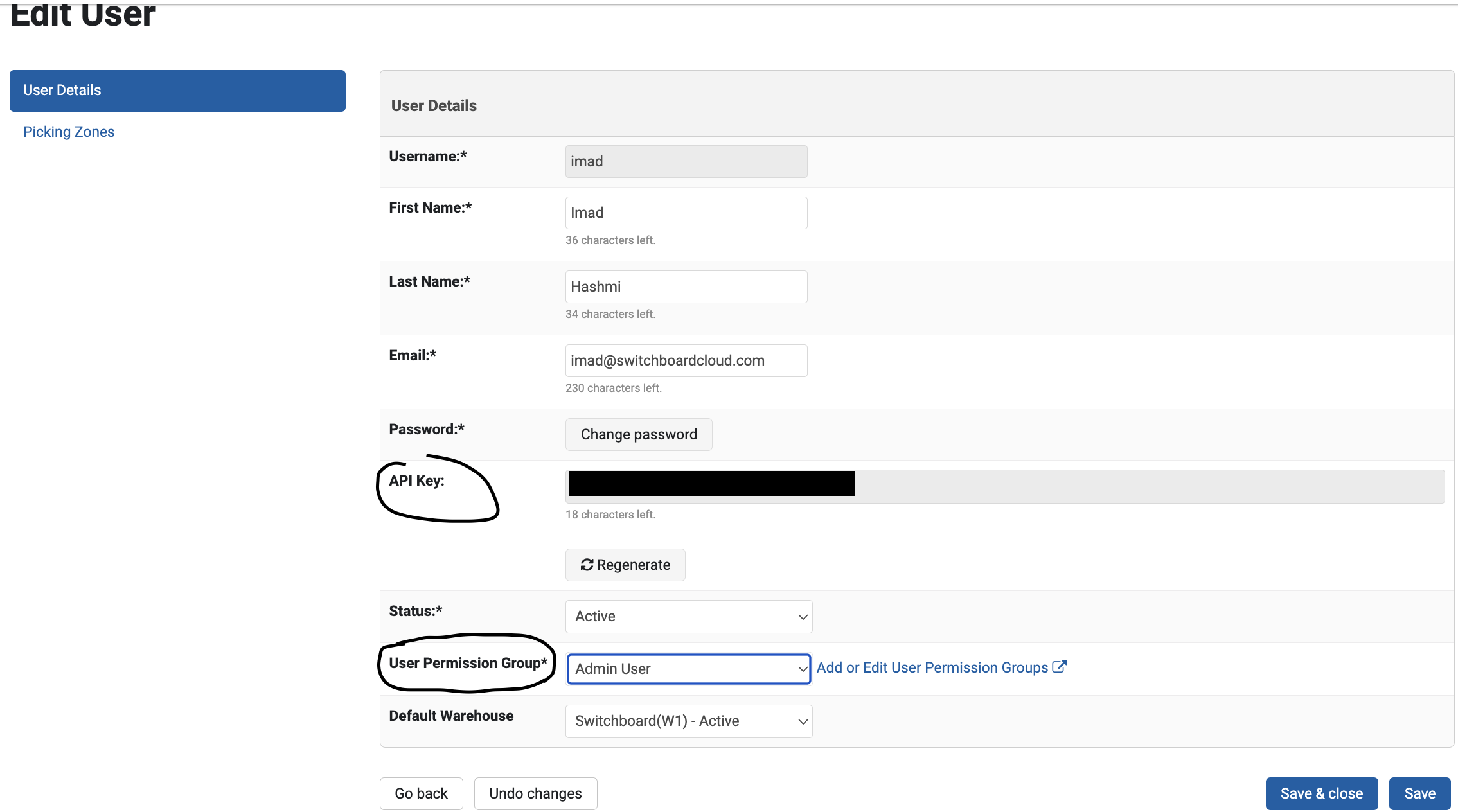 Neto user API keys section